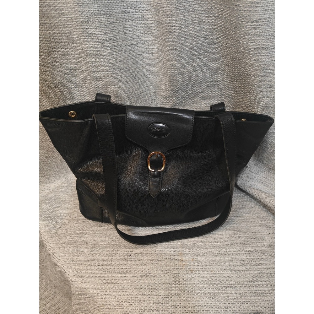 Longchamp Black Pebbled Leather Shoulder Bag Buckle Logo Tote Vintage